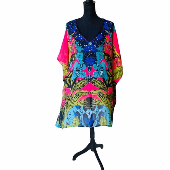 Cover Up Tropical Print Luxury Embellished Kaftan Top - Picture 2 of 10